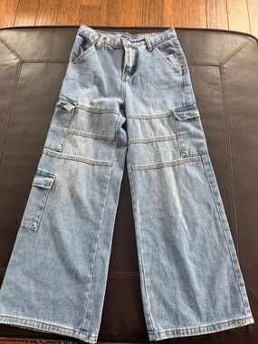 Soho Blue Denim - Light Blue Wide Leg Cargo Jeans (Size 12)